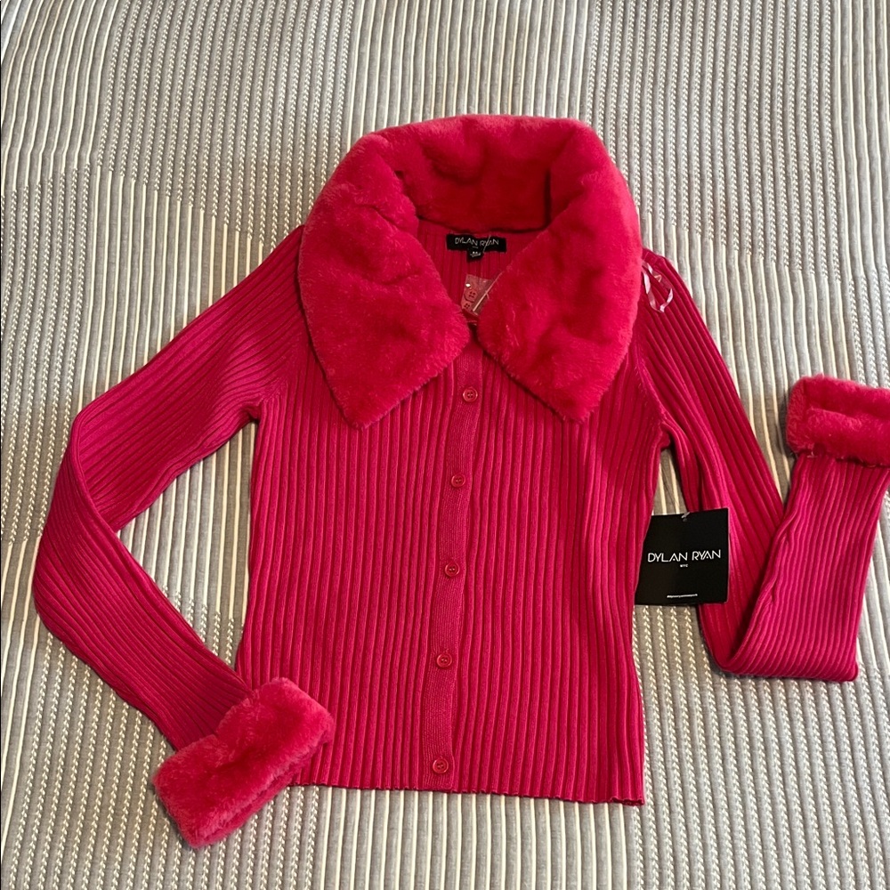Dylan Ryan Pink Ribbed Cardigan with Faux Fur Trim